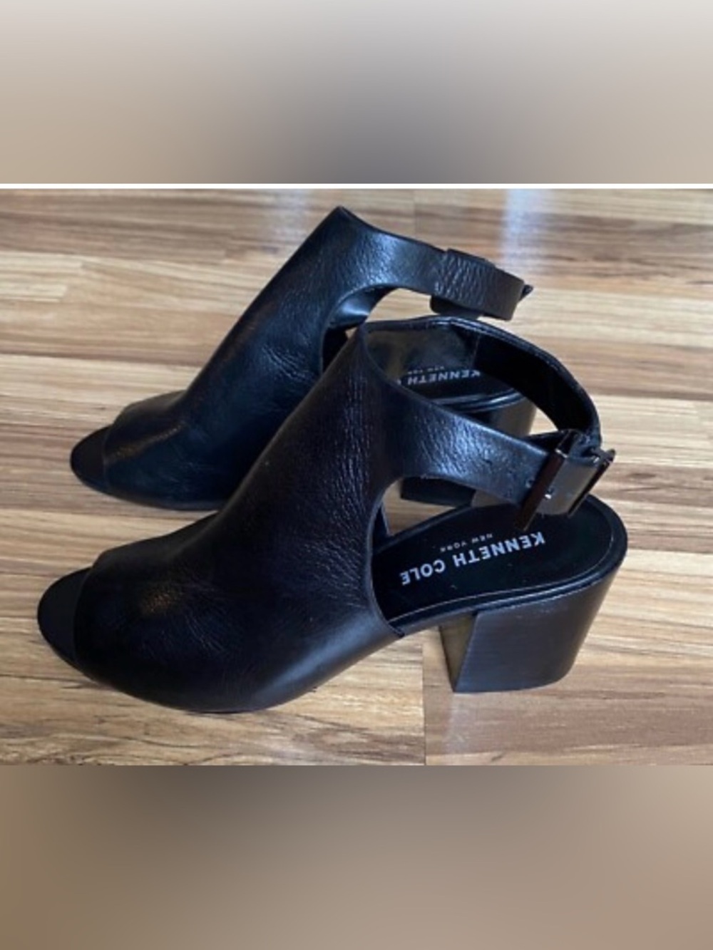 Kenneth Cole Black Leather Cutout Block Heel Mules